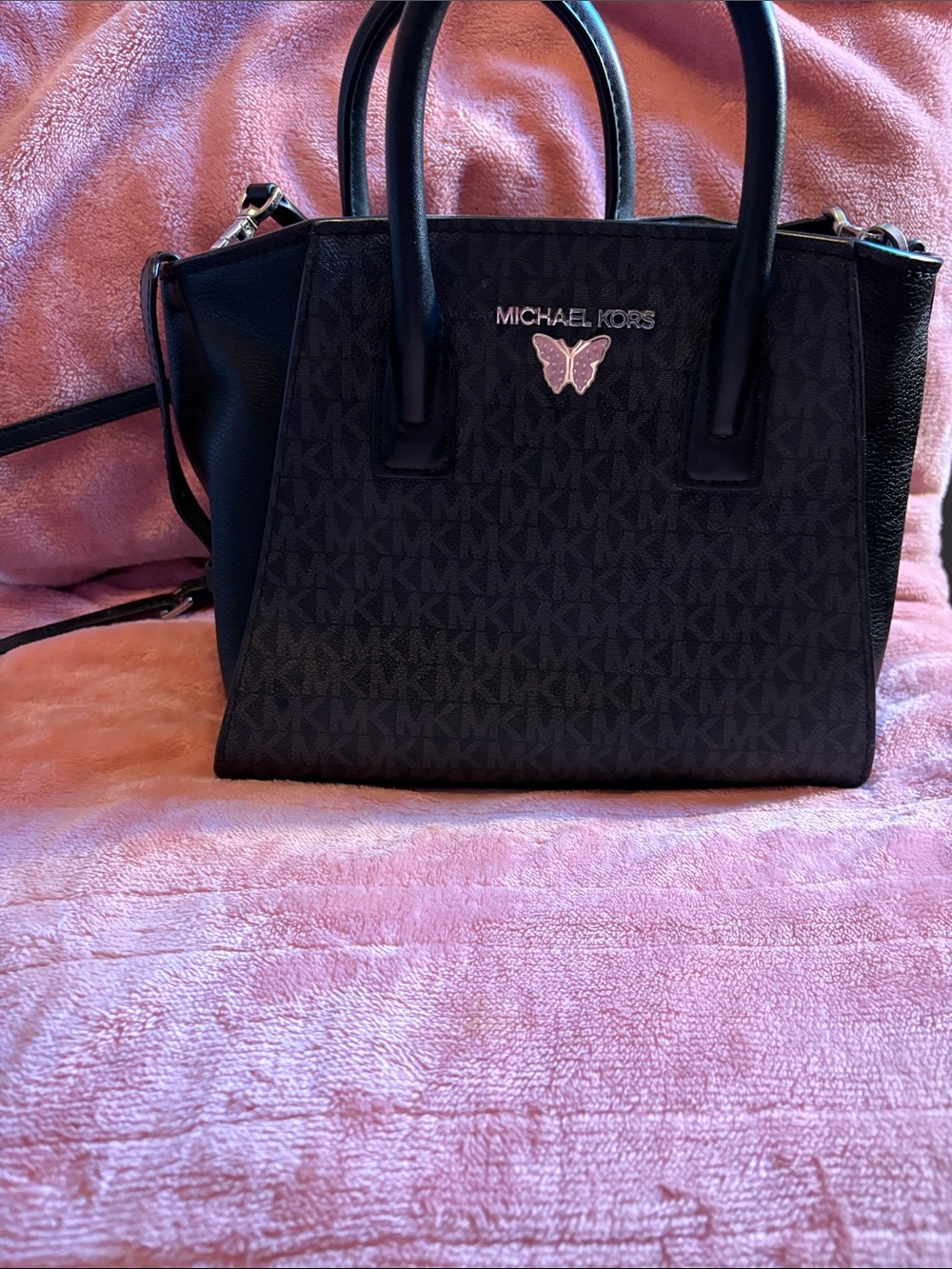 Michael Kors Black Satchel with Pink Butterfly Emblem